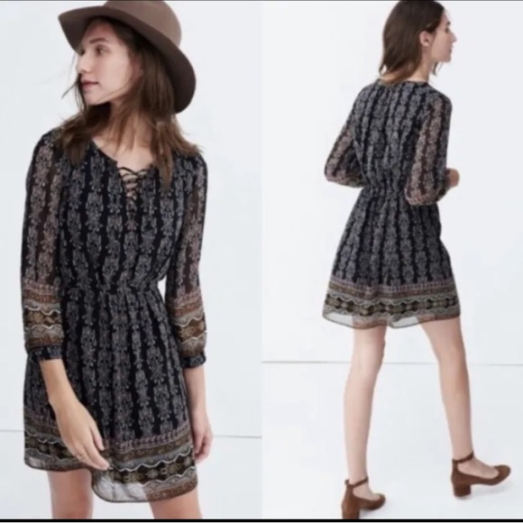 Madewell Dresses & Skirts - Madewell Lace Up Burnished Floral 3/4 Sleeve Sheer Mini Dress Women’s Size 2